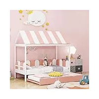 humzghg lit gigogne montessori 90 x 190 cm avec toit et dossier, cadre de lit montessori en bois massif avec sommier à lattes, pour garçons et filles (rose)