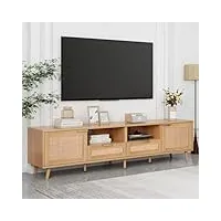 fortuna lai meuble tv bas avec véritable design en rotin - support tv avec 2 portes et 2 tiroirs - meuble tv pour salon, salle à manger - chêne - 200 x 37 x 49 cm