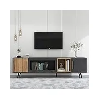 lerfan Élégant meuble tv bas pour téléviseur de 229 cm avec pieds en métal massif, structure stable et espaces de rangement multiples 200 x 40 x 55,5 cm (l x l x h) gris + couleur bois