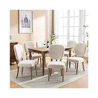 lerfan lot de 6 chaises de salle à manger vintage classiques en lin avec dossier décoratif en cuivre et pieds réglables en bois massif - 94 x 62 x 48 cm (h x p x l) - couleur crème