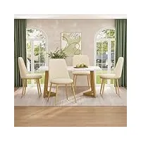 ensemble de salle à manger avec 4 chaises beiges, table de cuisine, moderne, sièges ronds en velours, avec pieds dorés en forme de v, pour votre salle à manger, cuisine, salon et dîner élégant