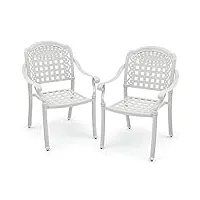costway ensemble de 2 chaises de terrasse en aluminium coulé, chaises de salle à manger extérieures avec accoudoirs, chaises empilables pour balcon, jardin, cour (en damier, blanc)
