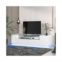 merax meuble tv bas led avec étagères en verre - meuble tv moderne avec deux tiroirs et deux portes - table tv pour salon et salle à manger - blanc - 165 x 38 x 43 cm