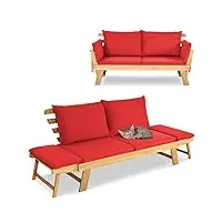 giantex canapé lit de jardin convertible pour 2 personnes, lit de jardin extensible 3 en 1 avec coussins et oreillers, cadre en bois d'acacia, canapé de jardin exterieur pour balcon, porche, rouge