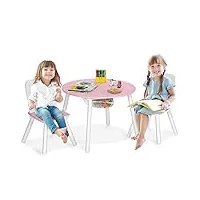 costway table enfant et 2 chaises avec sac de rangment en maille, table d'activités en mdf & bois avec dossier ergonomique pour jouer lire manger, charge 50kg pour 3-7 ans(rose)