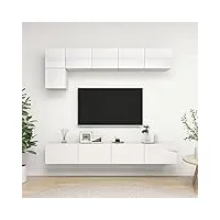 lapooh ensemble de meuble tv 5 pcs blanc brillant aggloméré,table television salon,meuble télé haut,meuble tv haut