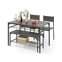 giantex lot de 4 tables de salle à manger rectangulaires avec 2 chaises, 1 banc, étagères, cadre en métal résistant, salle à manger, cuisine (gris)