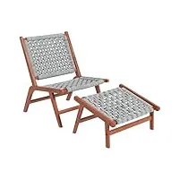 outsunny fauteuil de jardin avec repose-pieds - chaise relax en bois d'acacia et corde résine tressée - naturel, gris