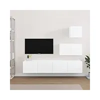 rantry meuble meuble tv 4 pièces blanc brillant en bois multicouche, meuble tv meuble bas tv table salon support tv pour salon industriel