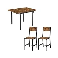 vasagle ensemble de table à manger, 2 chaises de salle à manger, table pliante, pour 2-4 personnes, chaises de cuisine, cadre en métal, pour salle à manger, salon, marron rustique et noir kdt078s03