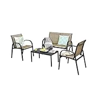 costway ensemble salon de jardin 4 pièces en métal, 2 fauteuils, ensemble de meubles de patio 1 causeuse 2 chaises 1 table basse en verre, pour jardin terrasse piscine(marron)