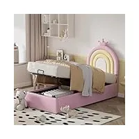 azkoeesy lit capitonné 90 x 200 cm avec tiroir de lit, tête de lit en forme d'arc-en-ciel, lit pour adolescent, lit de rangement, lit d'enfant, en cuir synthétique, rose, 3178712