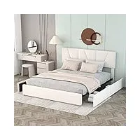 zravenna lit double rembourré, coffre de rangement, plate-forme rembourrée, avec quatre tiroirs sur les deux côtés, tête de lit réglable en bois, sommier à lattes en métal (beige, 160 x 200 cm)