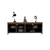 pegane meuble bas, meuble tv en bois et métal avec 4 portes coloris naturel, noir - longueur 161 x profondeur 41 x hauteur 50,5 cm