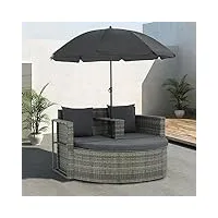 rantry lit de jardin avec parasol - chaise longue avec parasol - banc de jardin - fauteuil de jardin - chaise longue pour terrasse - gris - en rotin synthétique