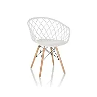 hjh office chaise coque chaise de salle à manger chaise begio avec pieds en bois, coque d'assise en plastique, blanc