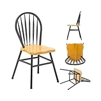 lot de 4 chaises de cuisine, salle à manger, chaises d'appoint de salon avec dossier creux à rayures, assise en bois massif et pieds en métal massif, style rétro, hauteur d'assise 45 cm