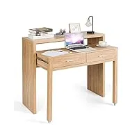 costway bureau extensible, bureau table d'ordinateur, bureau console en bois avec 2 tiroirs, pour bureau, chambre, salon, 73 x 100 x 88 cm, naturel