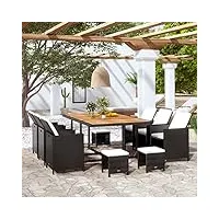 tidyard salon de jardin encastrable 11 pièce rotin et bois d'acacia noir, mobilier à dîner jardin table et chaises d'extérieur 10 personnes ensemble de meubles pour extérieur balcon
