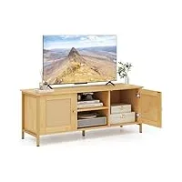 komfotteu banc tv bohème en bois, cadre métallique, table tv avec 2 armoires à porte en rotin & Étagère ouverte, meuble tv pour télevision de 55", 120 x 40 x 48 cm (l x l x h), nature