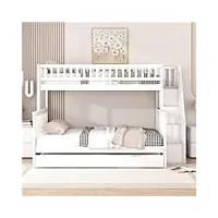 ntxplora lit superposé simple 90 x 200 cm et 140 x 200 cm avec caisson à roulettes, escalier et étagère, blanc, convient pour chambre d'enfant