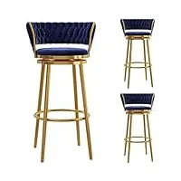 lot de 3 tabourets de comptoir pivotants avec dossier tissé, tabouret de cuisine moderne rembourré en velours, pieds en métal doré, chaises de bar, bleu, 65 cm