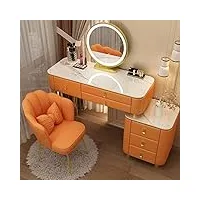 table de maquillage avec 3 tiroirs, coiffeuse moderne avec miroir éclairé par led pivotant à 360°, ensemble de table de maquillage avec tabouret rembourré et armoires de rangement, pour cha