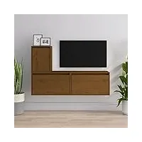 tidyard meubles tv 3 pièce marron miel bois massif de pin, banc tv avec compartiments de stockage, support de télévision pour salon, chambre meubles