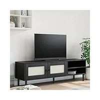 tidyard meuble tv senja aspect rotin noir 158x40x49cm bois massif pin, banc tv avec compartiments de stockage, support de télévision pour salon, chambre meubles