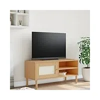tidyard meuble tv senja aspect rotin marron 106x40x49cm bois massif pin, banc tv avec compartiments de stockage, support de télévision pour salon, chambre meubles