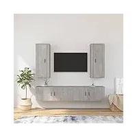 tidyard ensemble de meubles tv 4 pièce gris béton bois d'ingénierie, banc tv avec compartiments de stockage, support de télévision pour salon, chambre meubles