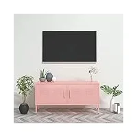 tidyard meuble tv rose 105x35x50 cm acier, banc tv avec compartiments de stockage, support de télévision pour salon, chambre meubles style a