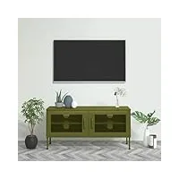 tidyard meuble tv vert olive 105x35x50 cm acier, banc tv avec compartiments de stockage, support de télévision pour salon, chambre meubles