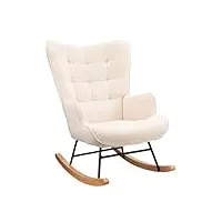 fauteuil à bascule avec polaire sherpa, bois massif et cadre en métal, fauteuil à bascule avec dossier haut, fauteuil de salon avec assise rembourrée, jusqu'à 130 kg, beige