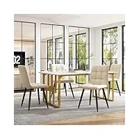 primaoace la table à manger 140x80cm, la table de cuisine rectangulaire de motif en marbre moderne peut ajuster le salon de la salle des pieds, blanc/or (blanc/doré), jsq-wf319703aao