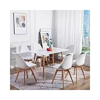 jazzlyn table de cuisine avec chaise, ensemble de salle à manger 7 pièces, blanc table en bois + 6 chaises blanc, scandinave table carrée 110×70×74 cm