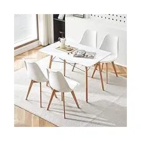 jazzlyn table de cuisine avec chaise, ensemble de salle à manger 5 pièces, blanc table en bois + 4 chaises blanc, scandinave table carrée 110×70×74 cm