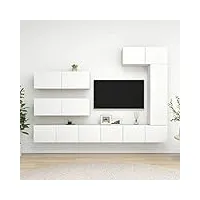 rantry casa set meuble tv 7 pièces blanc en aggloméré, meuble tv meuble bas pour tv table de salon support tv pour salon