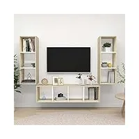 rantry casa set meuble tv 3 pièces blanc et chêne sonoma en aggloméré, meuble tv meuble bas pour tv table de salon support tv pour salon