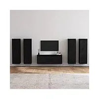 rantry casa meuble tv 5 pièces noir en bois massif de pin, meuble tv, meuble bas pour tv, table de salon, support tv pour salon