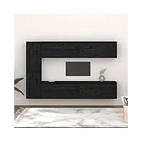 rantry casa meuble tv 6 pièces noir en bois massif de pin, meuble tv, meuble bas pour tv, table de salon, support tv pour salon