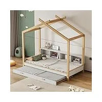 lit de maison, lit d'enfant avec quatre étagères, avec lit gigogne extensible, lit simple, lit en bois, cadre en pin, mdf, blanc + naturel