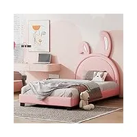 azkoeesy lit capitonné 90 x 200 cm avec tête de lit en forme d'oreilles de lapin, lit d'enfant, lit adolescent, lit simple, housse en cuir synthétique (rose)