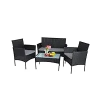 panana ensemble de meubles de jardin en polyrotin nsemble de salon pour balcon groupe de sièges avec table à dessus en verre et chaises patio extérieur (base noire avec coussins gris)