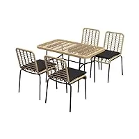 outsunny salon de jardin ensemble table et 4 chaise de jardin, 5 pièces salle à manger en résine effet rotin, métal noir et verre trempé - coussins inclus