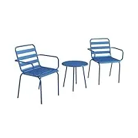 outsunny ensemble bistro de jardin 3 pièces salon de jardin 2 chaises empilables avec accoudoirs + table basse ronde en acier bleu