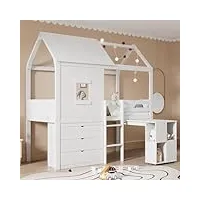 lit mezzanine 90 x 200 cm, lit d'enfant, forme de maison, table extensible, trois tiroirs, blanc
