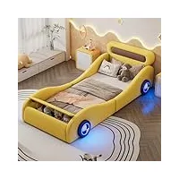 totitom cadre de lit simple, 90 x 200 cm, lit d'enfant, lit d'adolescent, rembourré, en forme de voiture, avec roues lumineuses et espace de rangement, en polyuréthane, jaune, bpdewx000513aal02djyc