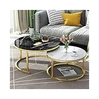 table basse ronde empilable avec cadre en métal effet marbre, tables gigognes avec plateau en verre pour la maison, le bureau ou le salon (cadre doré blanc + 50 cm noir)