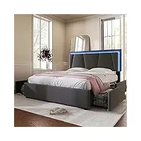 wodsofti lit capitonné, avec éclairage led et 4 tiroirs, tête de lit réglable en hauteur, lit double, 160 x 200 cm, coffre de rangement, sommier à lattes en bois, gris (sans matelas)